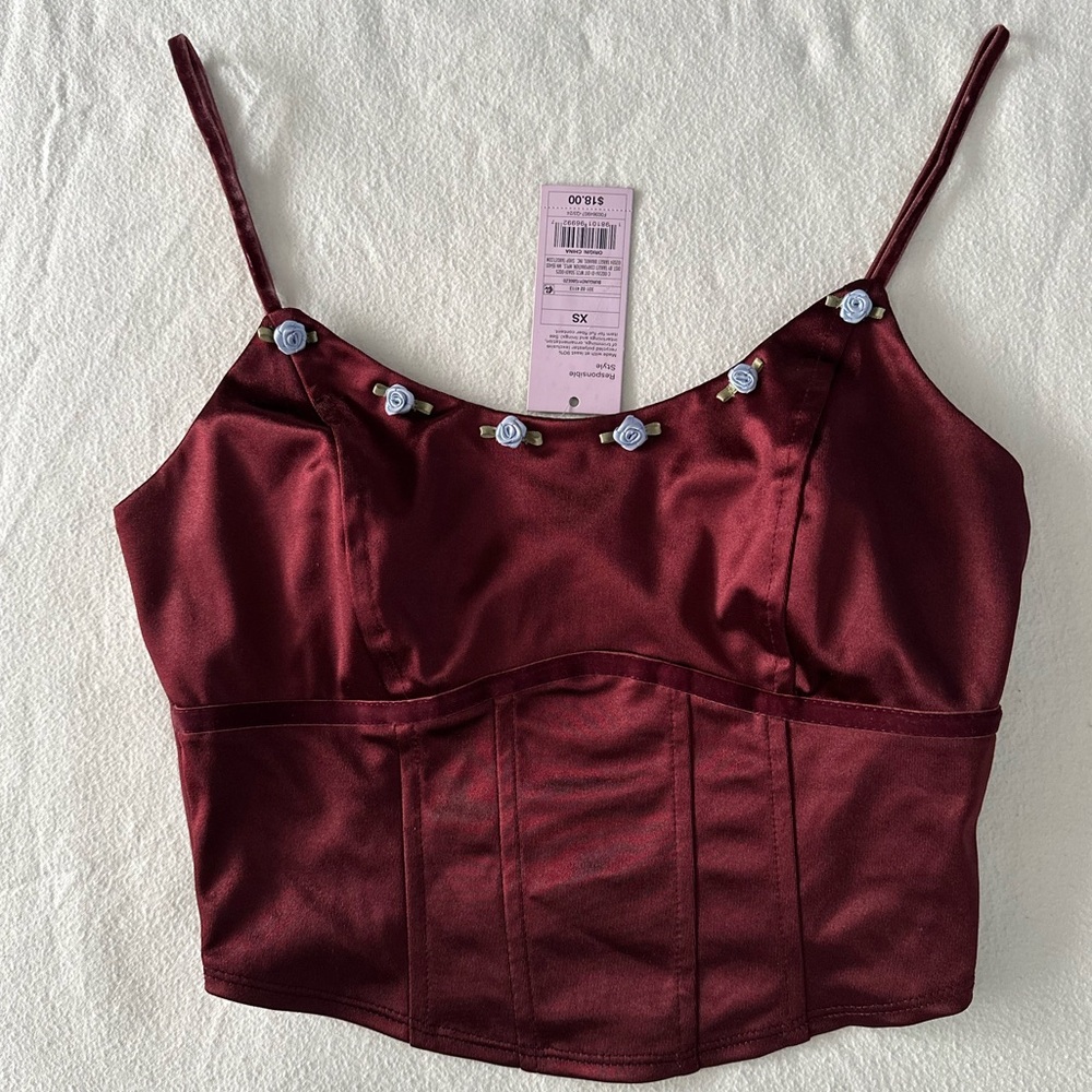 Bralette Crop Top, Burgundy with Blue Floral Rosettes - NWT Size XS